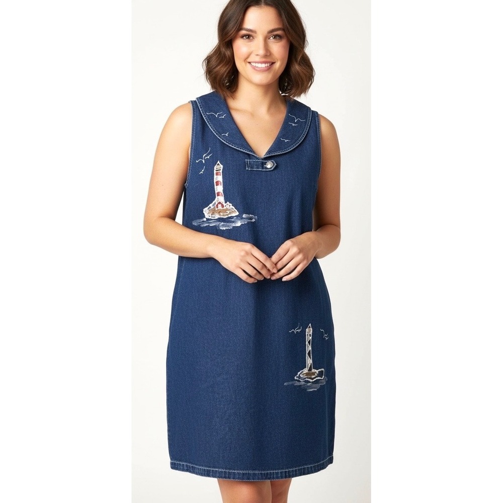 HAIKS Vintage Denim Lighthouse Sailor Collar Jumper Dress Blue Large
